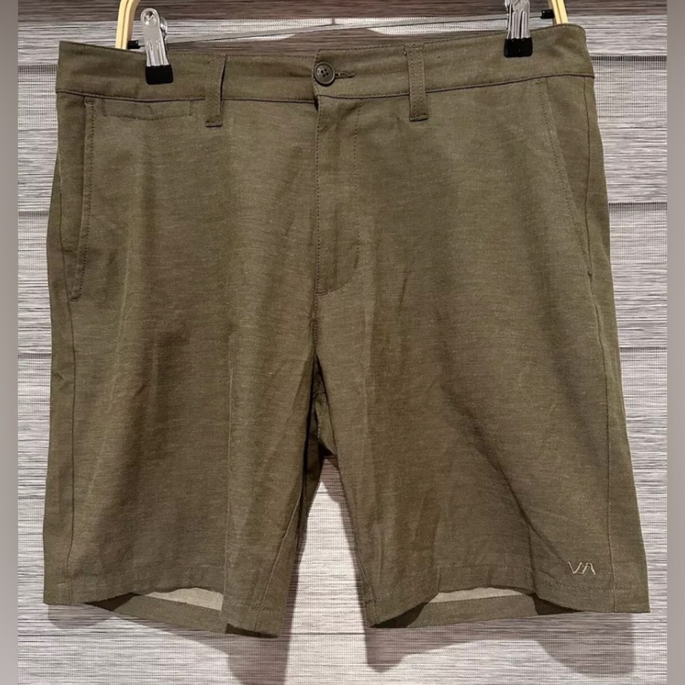 RVCA Men Shorts Sz 32 Green  Flat Front Casual Golf Hiking Pockets Stretch Chino
